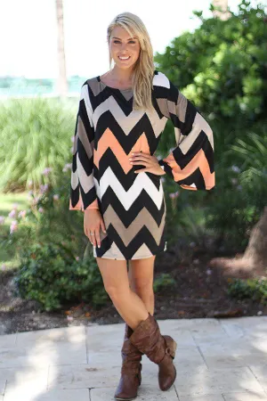 Taupe And Peach Short Chevron Dress