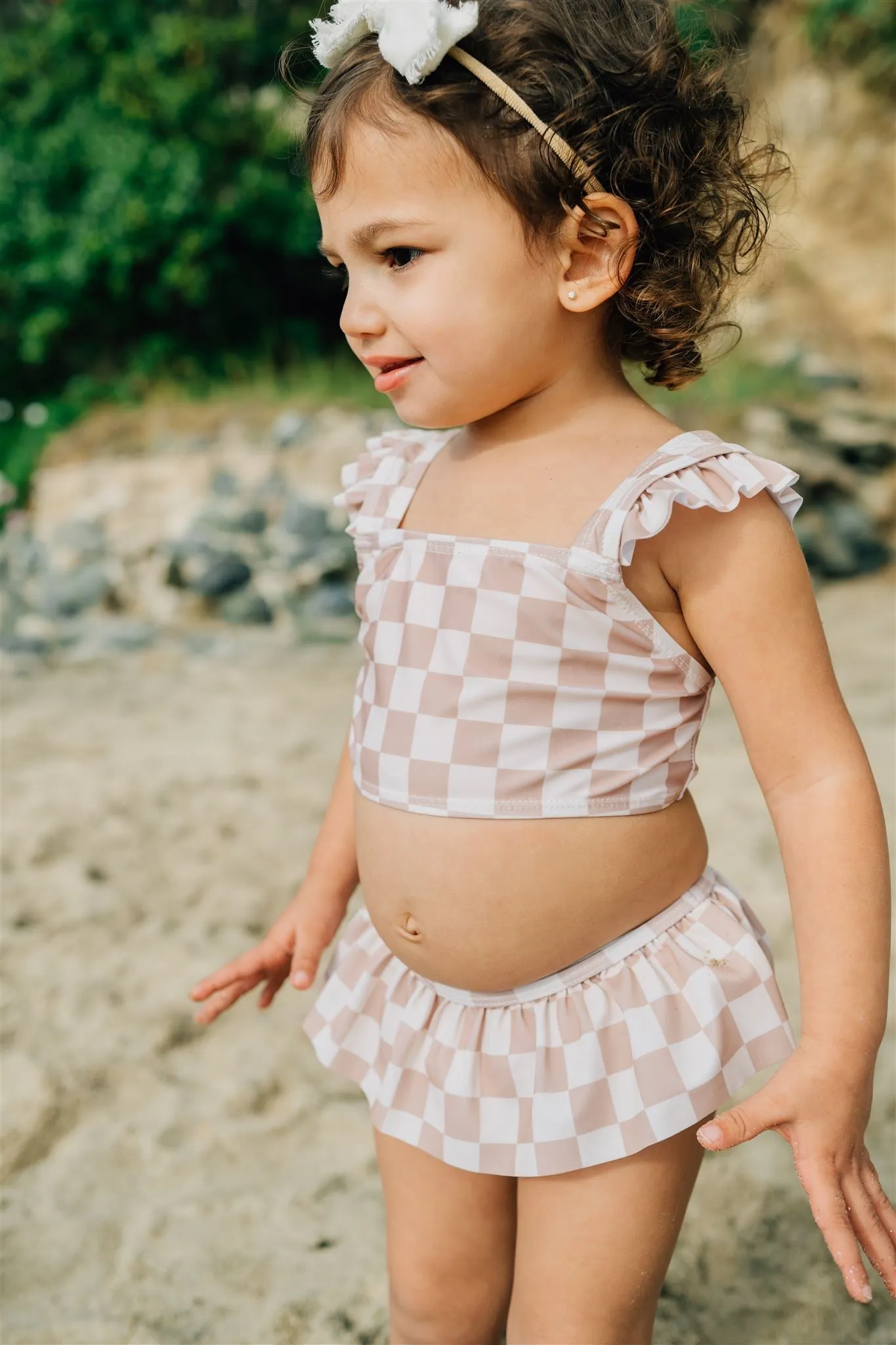 Taupe Checkered Ruffle Bikini Set