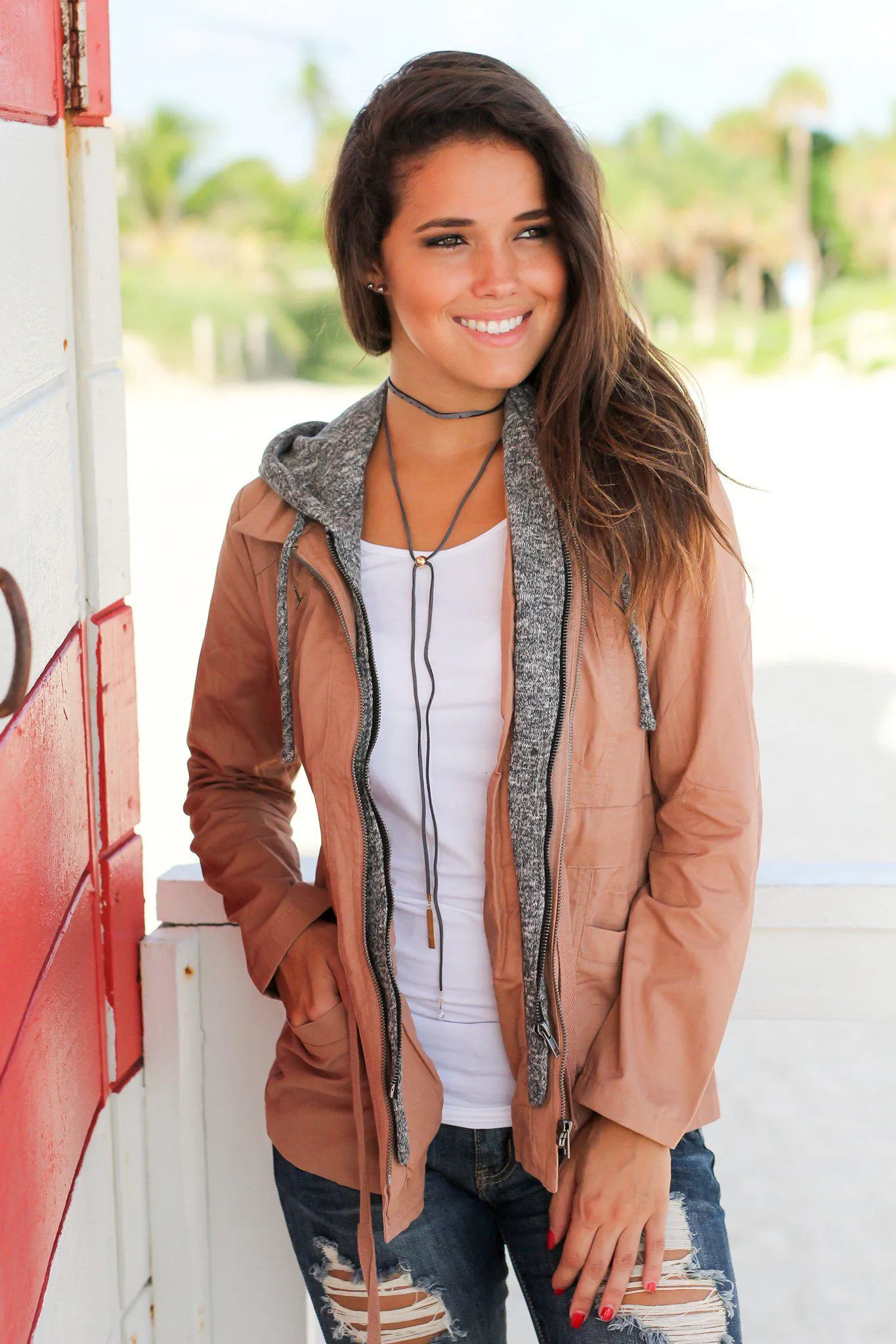 Taupe Jacket with Gray Hood