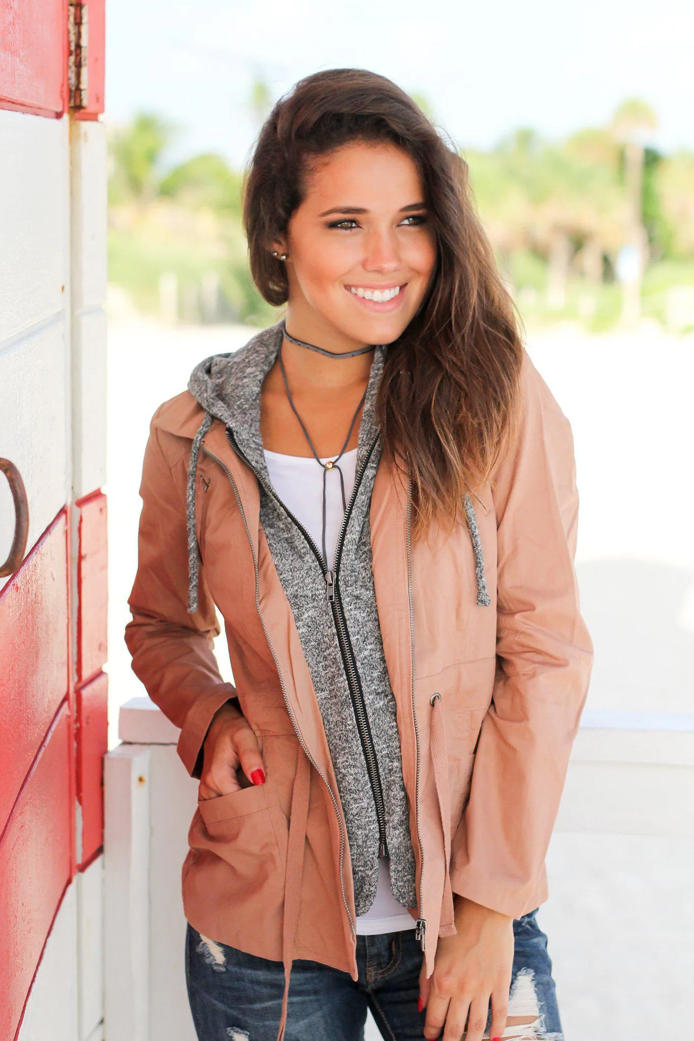 Taupe Jacket with Gray Hood