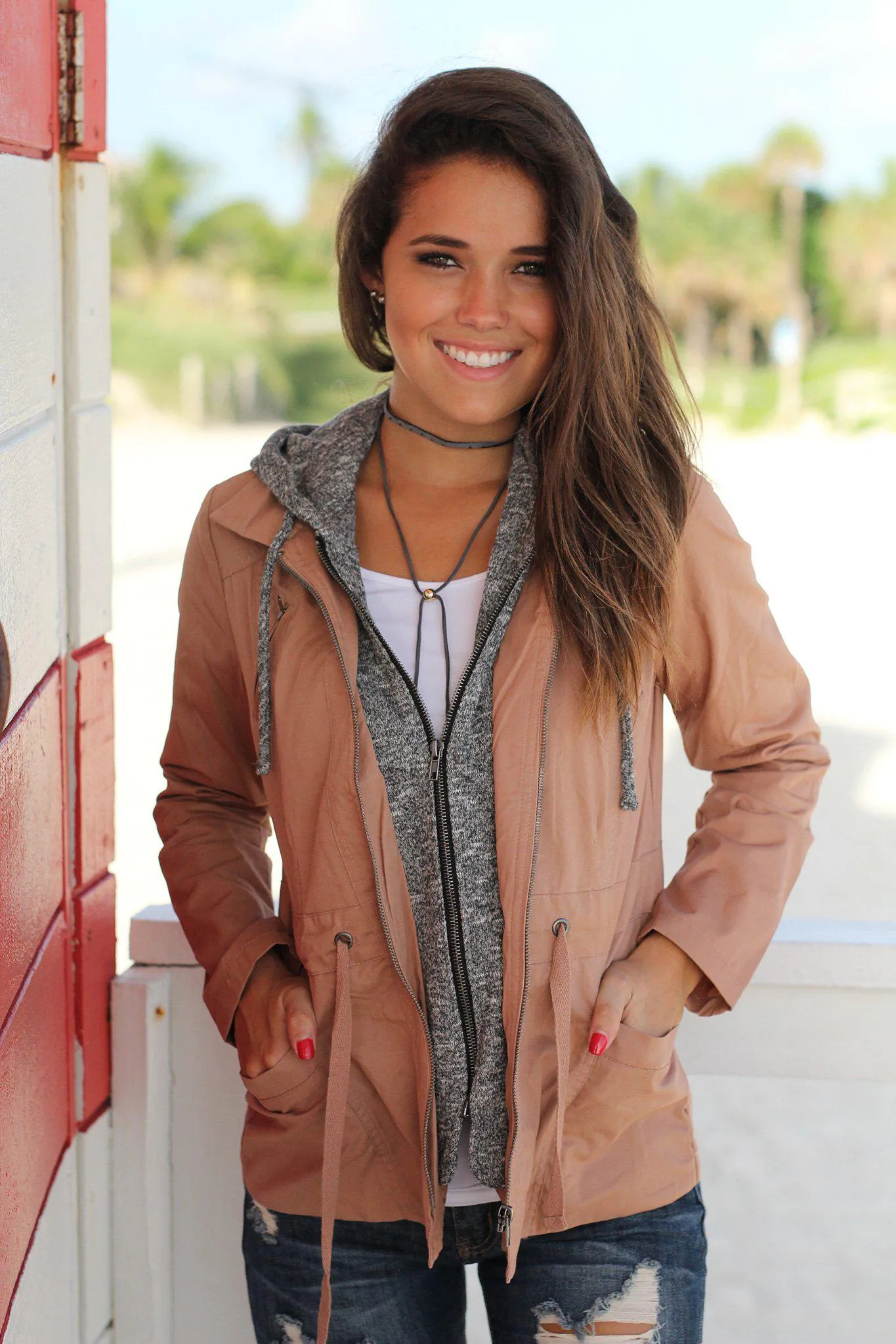 Taupe Jacket with Gray Hood