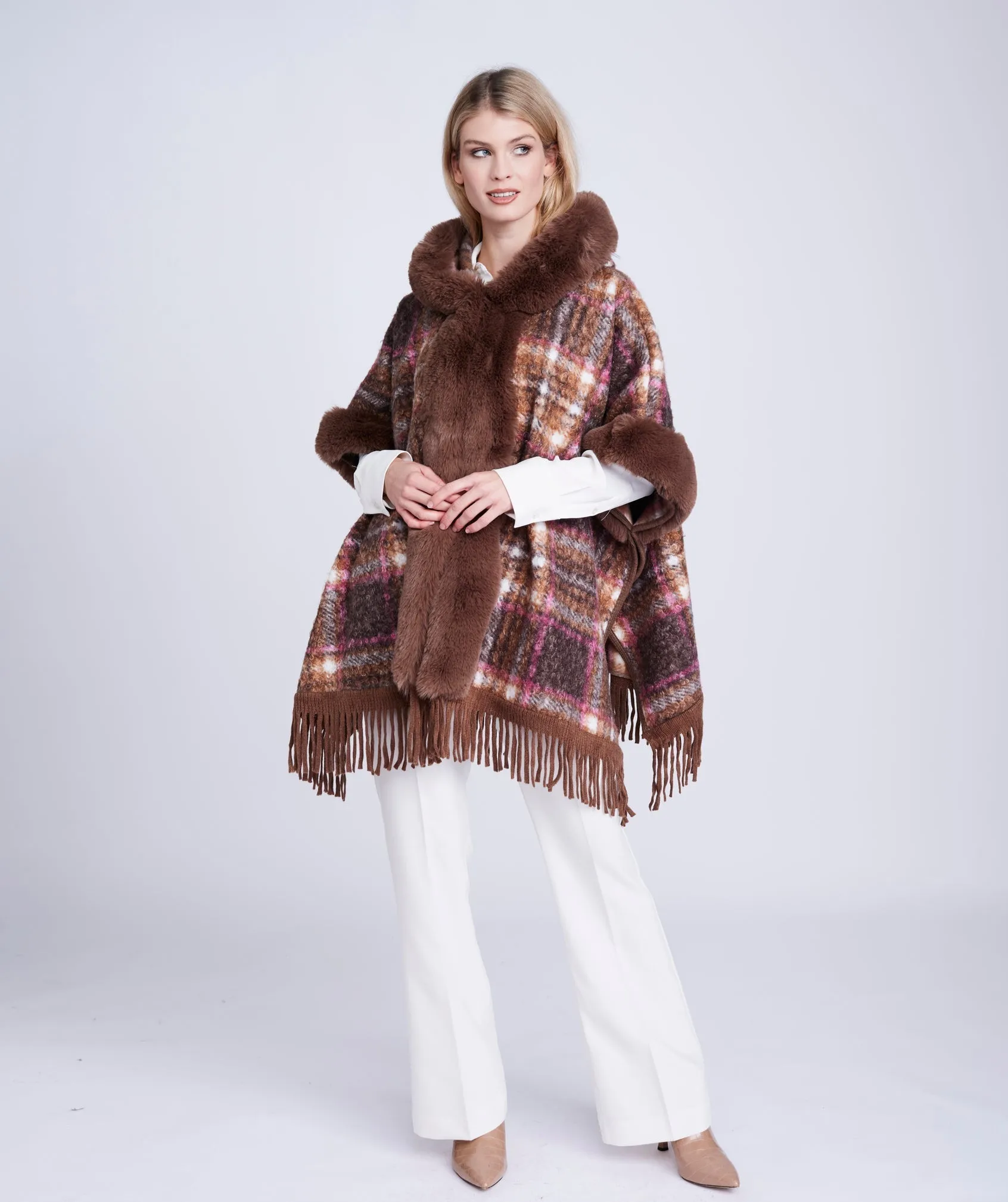 Taupe Textured Knit Wrap with Faux Fur Collar and Fringed Hemline