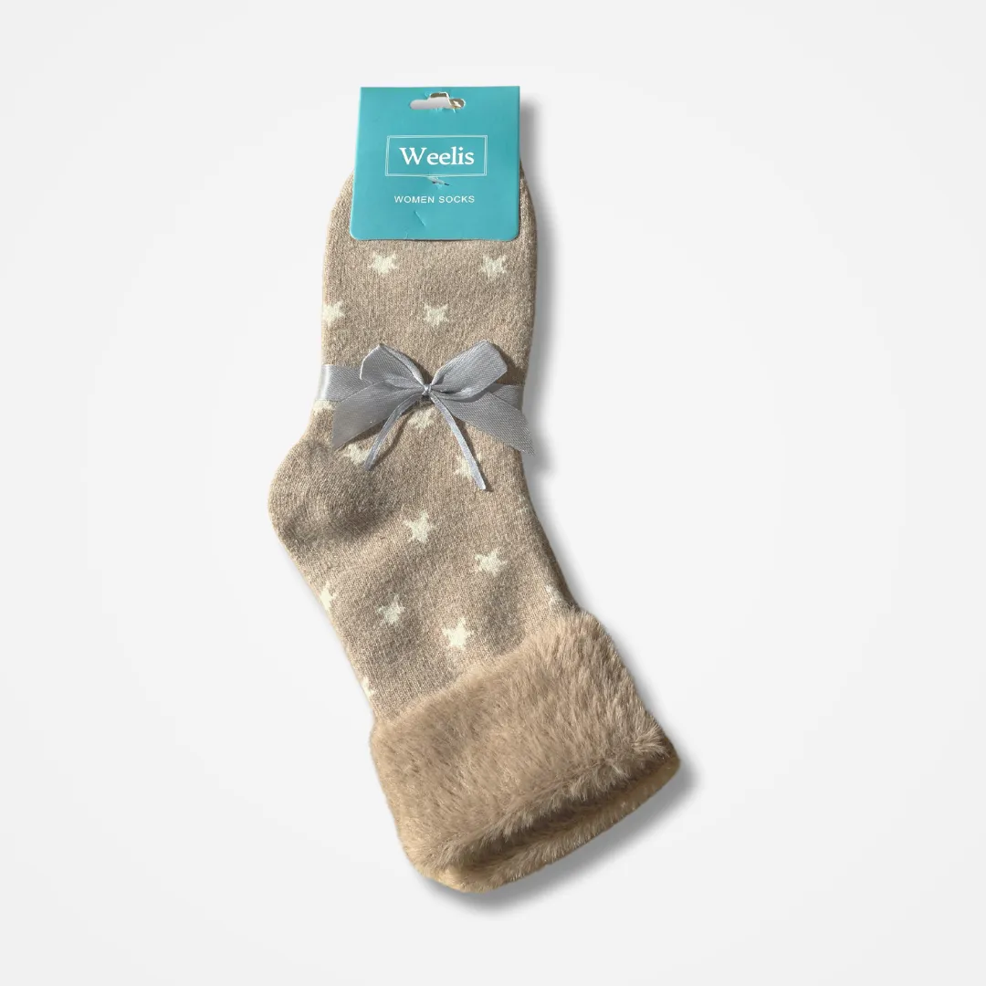 Taupe /White Star Wool Blend Sock with Faux Fur Cuff