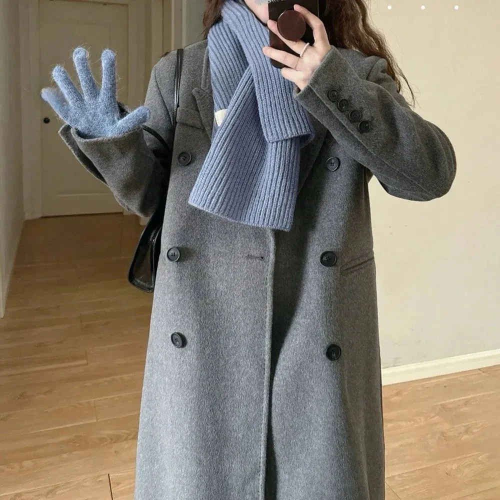 TAVIMART  -  Winter women's thick double breasted extended coat with high-end gray Korean double-sided woolen coat for women