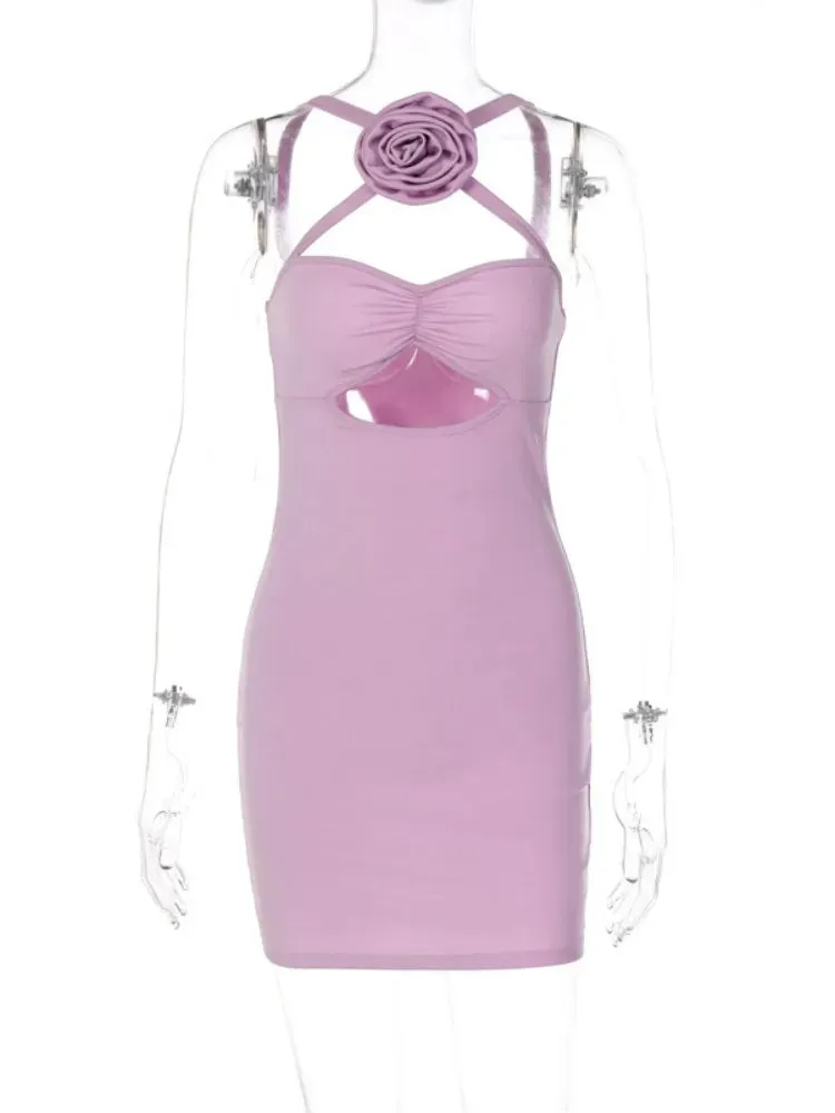 TAVIMART  -  Women's Hollow Out Mini Dress, Sleeveless Bodycon Dress, One Piece Outfits, Light Purple Clothes, Sexy Flower, Y2k