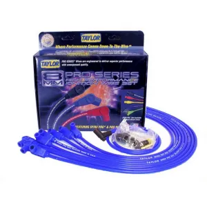 Taylor 8mm Pro "Race Fit" Wire Spark Plug Wire Set - Blue - SB Chevy 262-400 - Spiro-Pro Conductor - 90° Plug Boots, HEI Style Distributor Cap - For Over Valve Cover Applications