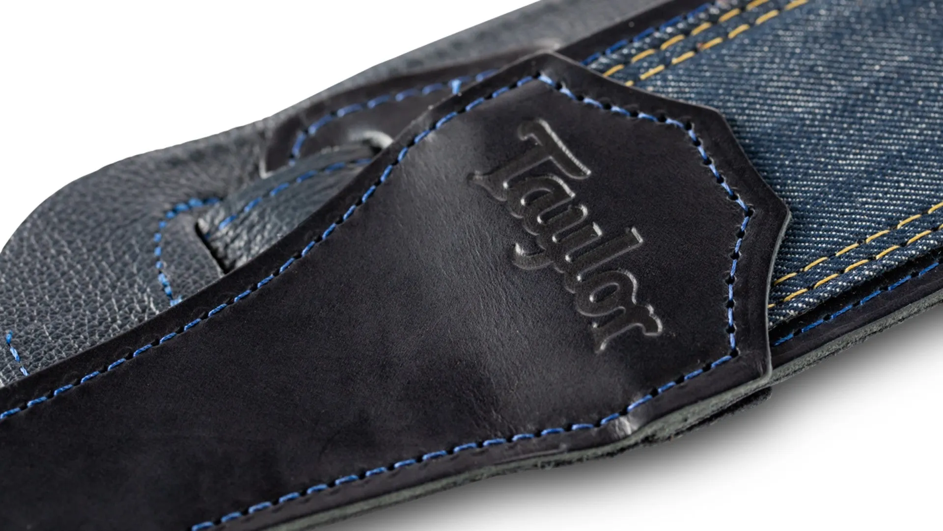 Taylor Blue Denim Strap - Navy Leather Edges- 2.5 inch- Embossed Logo