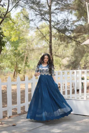 Tea Blue Luxury Faux Blooming Designer Gown with Zari & Sequins Embroidery