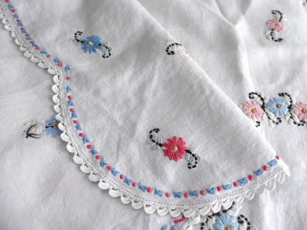 Tea Cloth Embroidered Tablecloth Floral 34 Inches Square 1930s Bridge Cloth Card Table