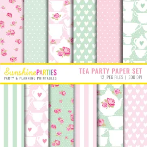 Tea Party Digital Paper Set | Digital Paper Bundle | Mint Green and Pastel Pink