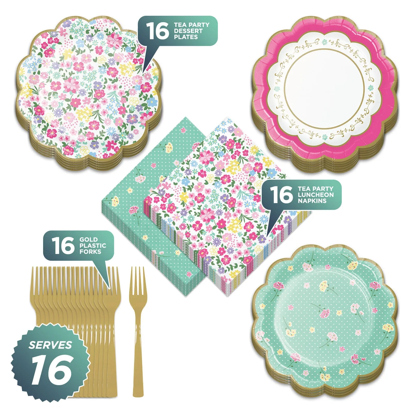 Tea Party Supplies - Floral Scalloped Paper Dessert Plates, Napkins, and Forks for Girls Birthday Party or Bridal Shower (Serves 16)