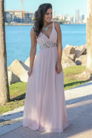 Tea Rose V-Neck Maxi Dress with Lace