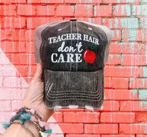 Teacher hats Teacher hair dont care Embroidered unisex gray distressed trucker cap Apple Teach Inspire Accessories Teacher gifts Back to school.