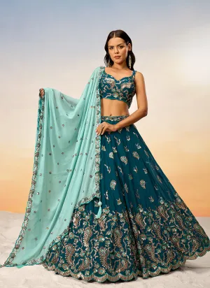 Teal And Mint Green Bridal Embroidered Lehenga Choli