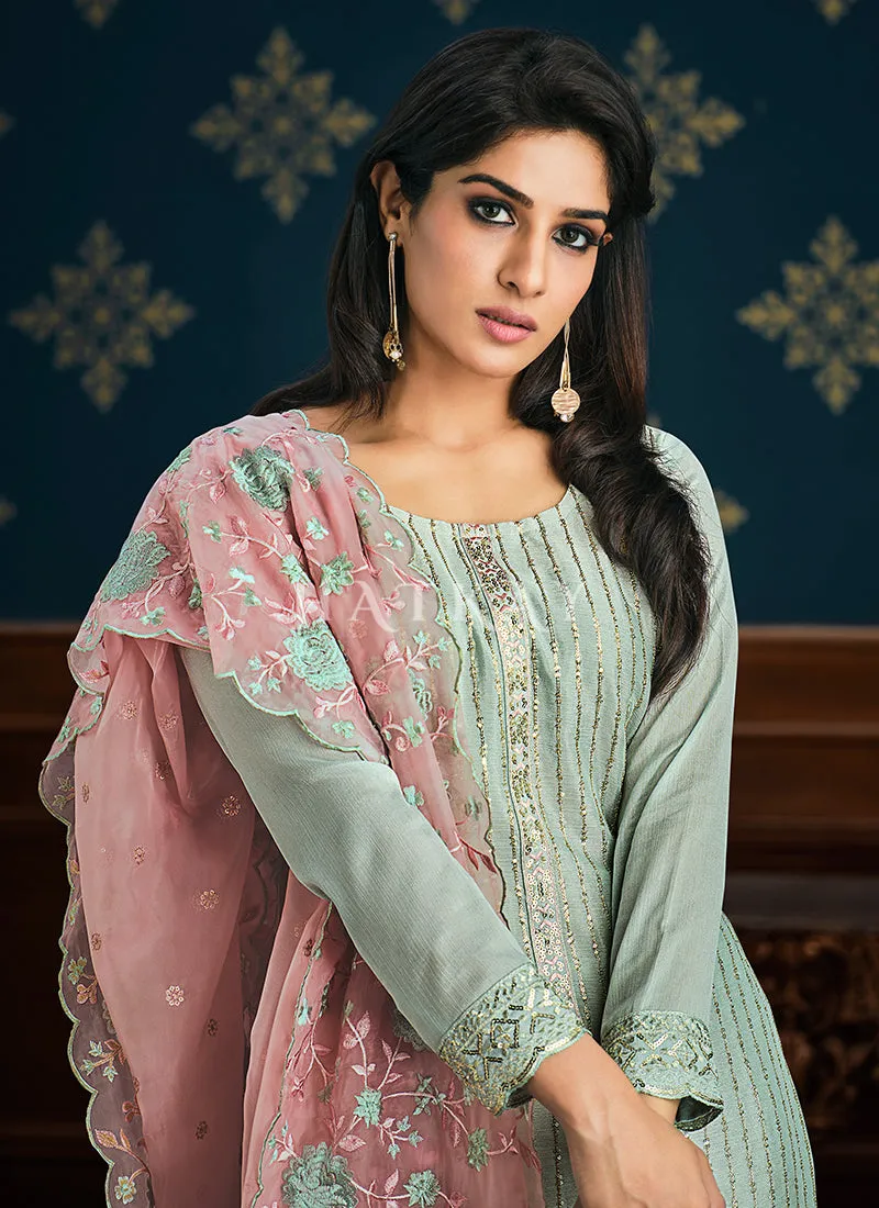 Teal And Pink Floral Embroidery Pakistani Pant Suit