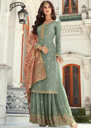 Teal And Red Embroidered Gharara Suit