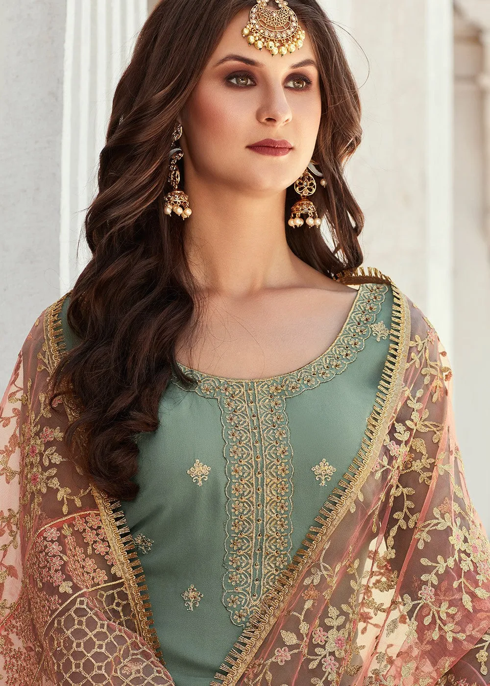 Teal And Red Embroidered Gharara Suit