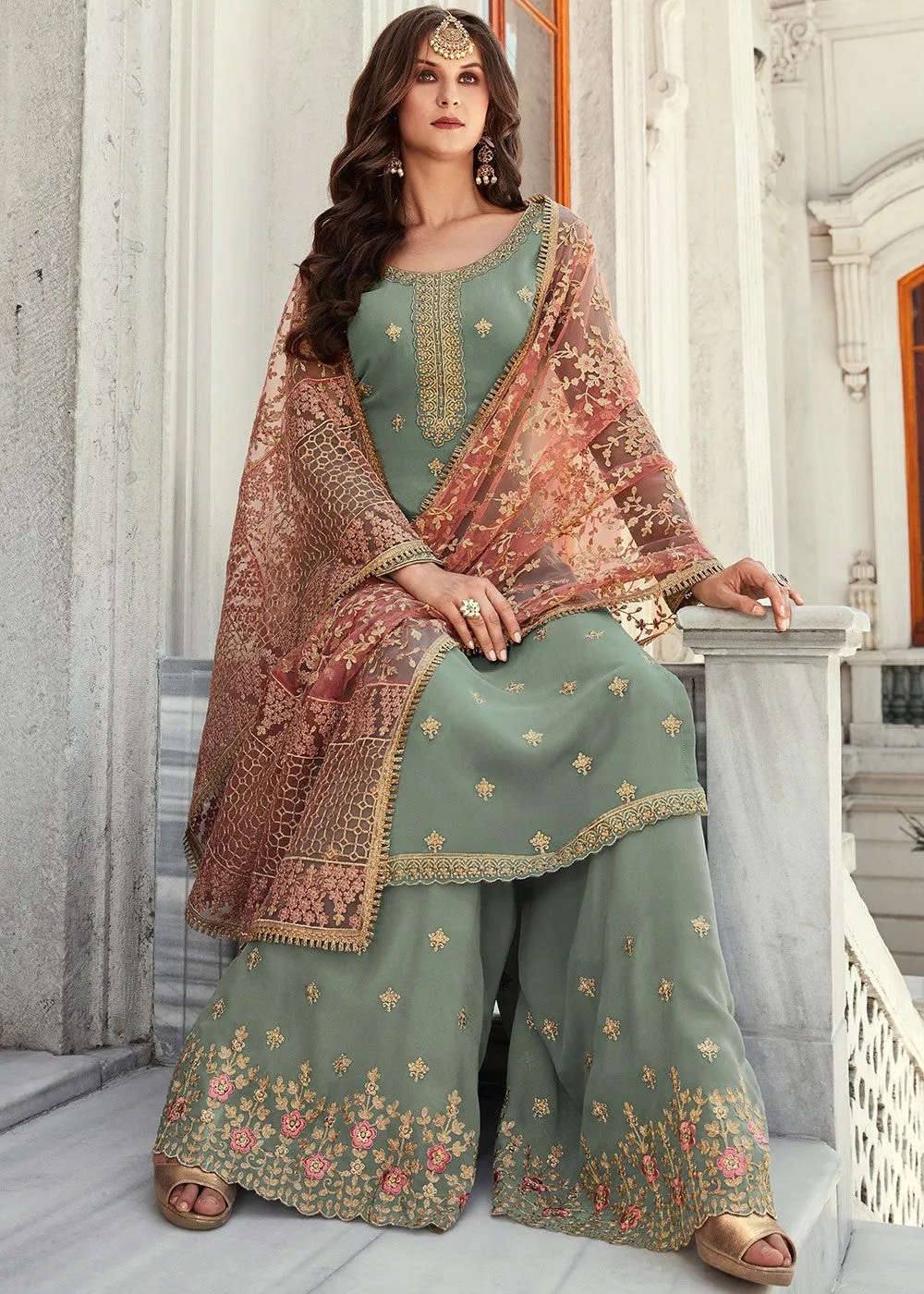 Teal And Red Embroidered Gharara Suit