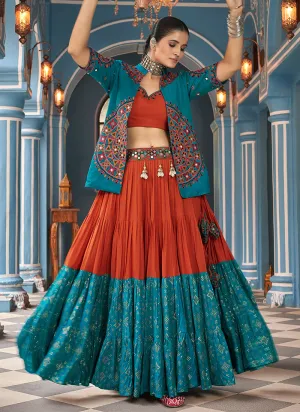 Teal And Red Kutchi Embroidered Chaniya Choli