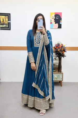 Teal Blue Anarkali Gown in Faux Georgette with Embroidery Work