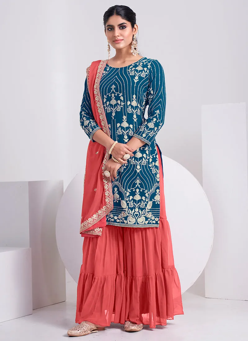 Teal Blue And Peach Embroidery Festive Sharara Style Suit