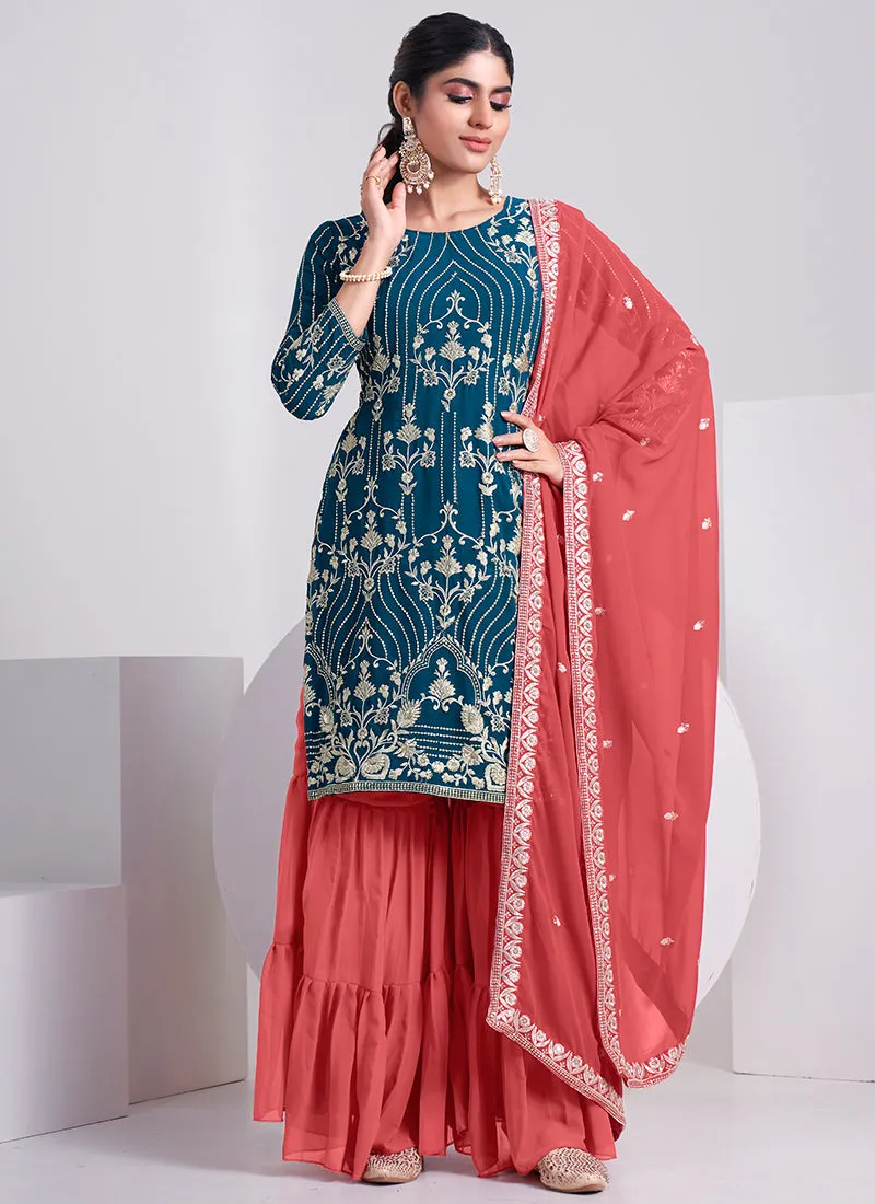 Teal Blue And Peach Embroidery Festive Sharara Style Suit