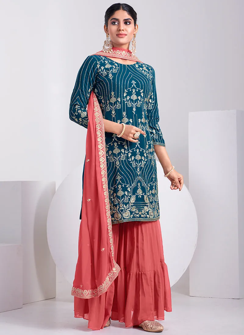 Teal Blue And Peach Embroidery Festive Sharara Style Suit