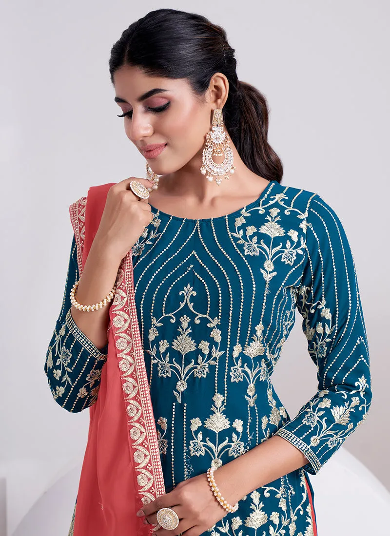 Teal Blue And Peach Embroidery Festive Sharara Style Suit