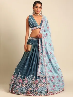 Teal Blue Chinon Sequin Embroidery Lehenga Choli Set