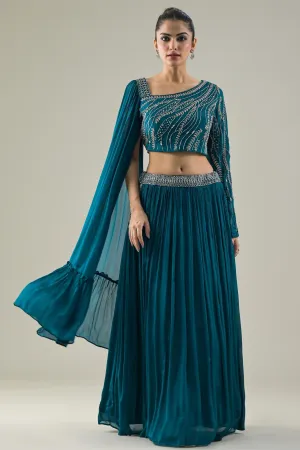 Teal Blue Embellished Chinon Silk Skirt Set