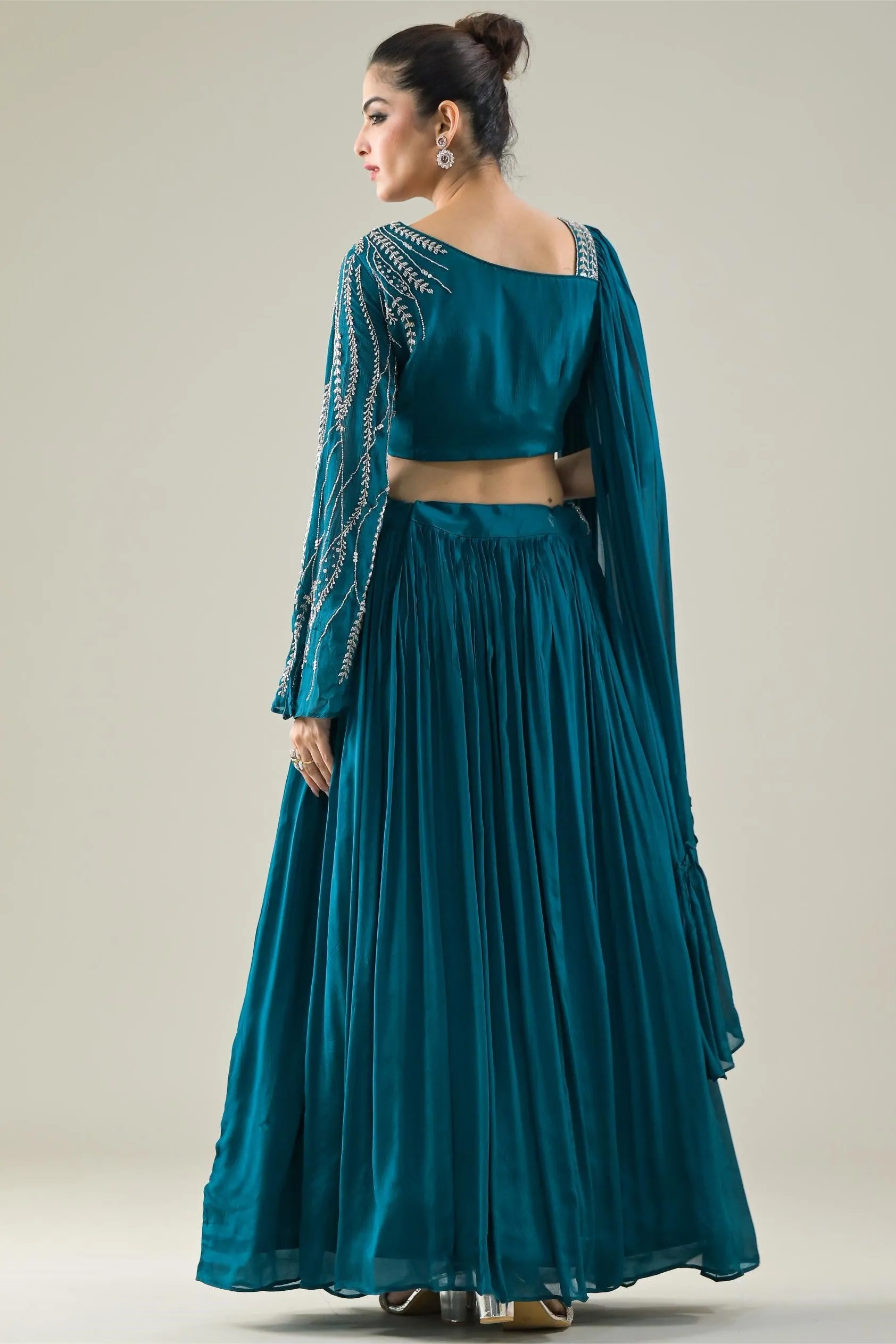 Teal Blue Embellished Chinon Silk Skirt Set