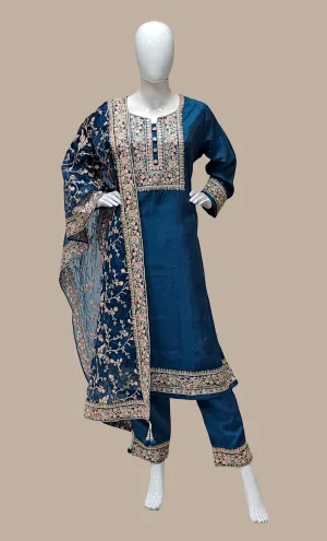 Teal Blue Embroidered Punjabi