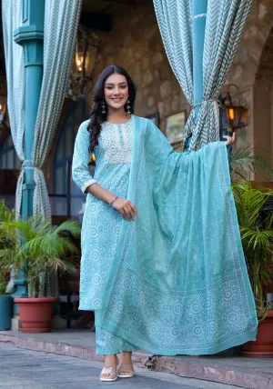 Teal Blue Floral Print Embroidered Cotton Suit Set