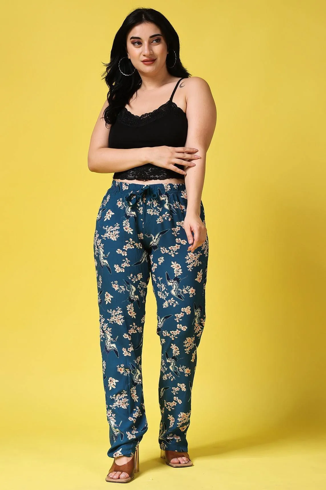 Teal Blue Floral Printed Pants