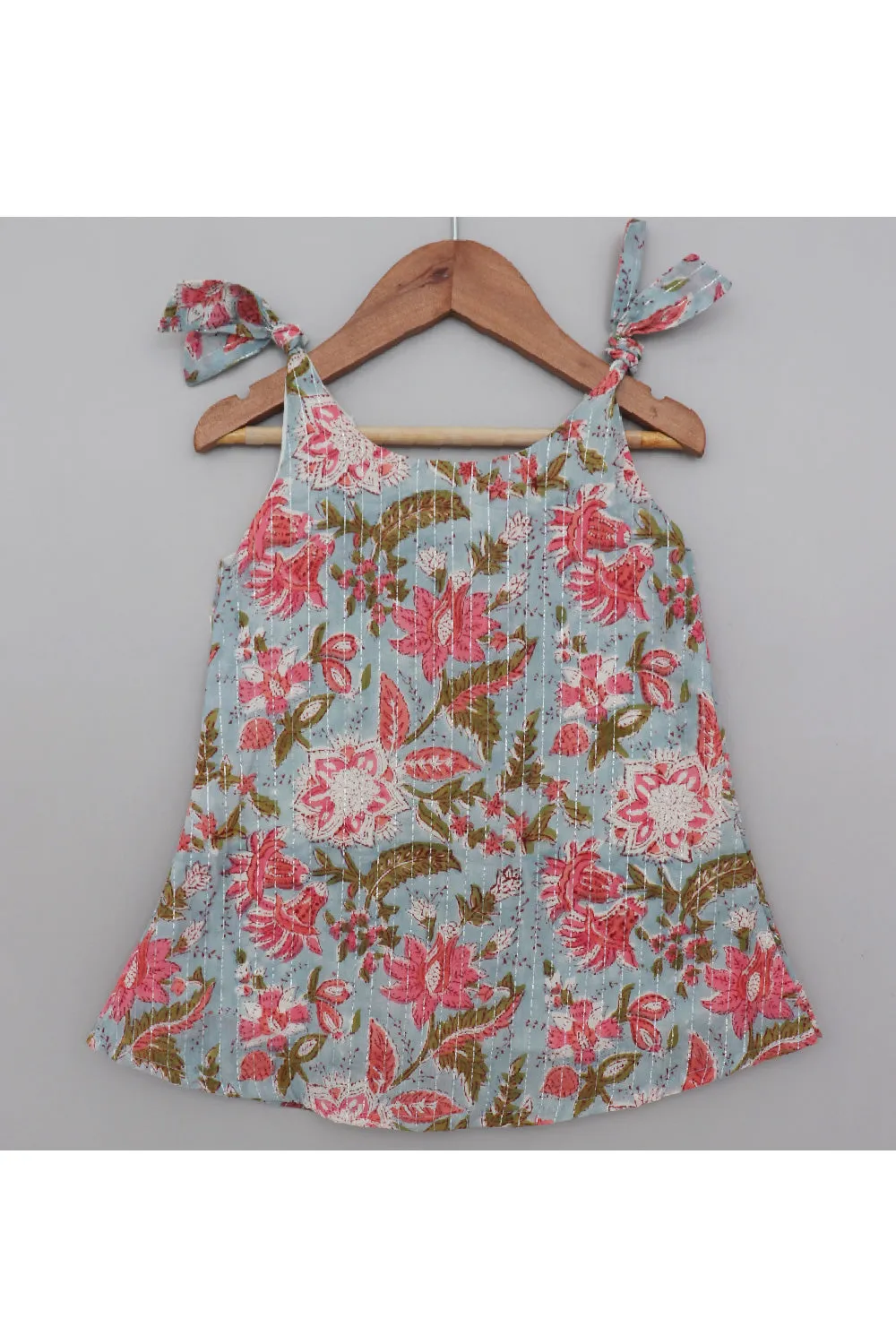 Teal Blue Floral Printed Pure Cotton Dress