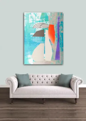 Teal blue flower vase print, abstract painting print, collage print, minimalist art