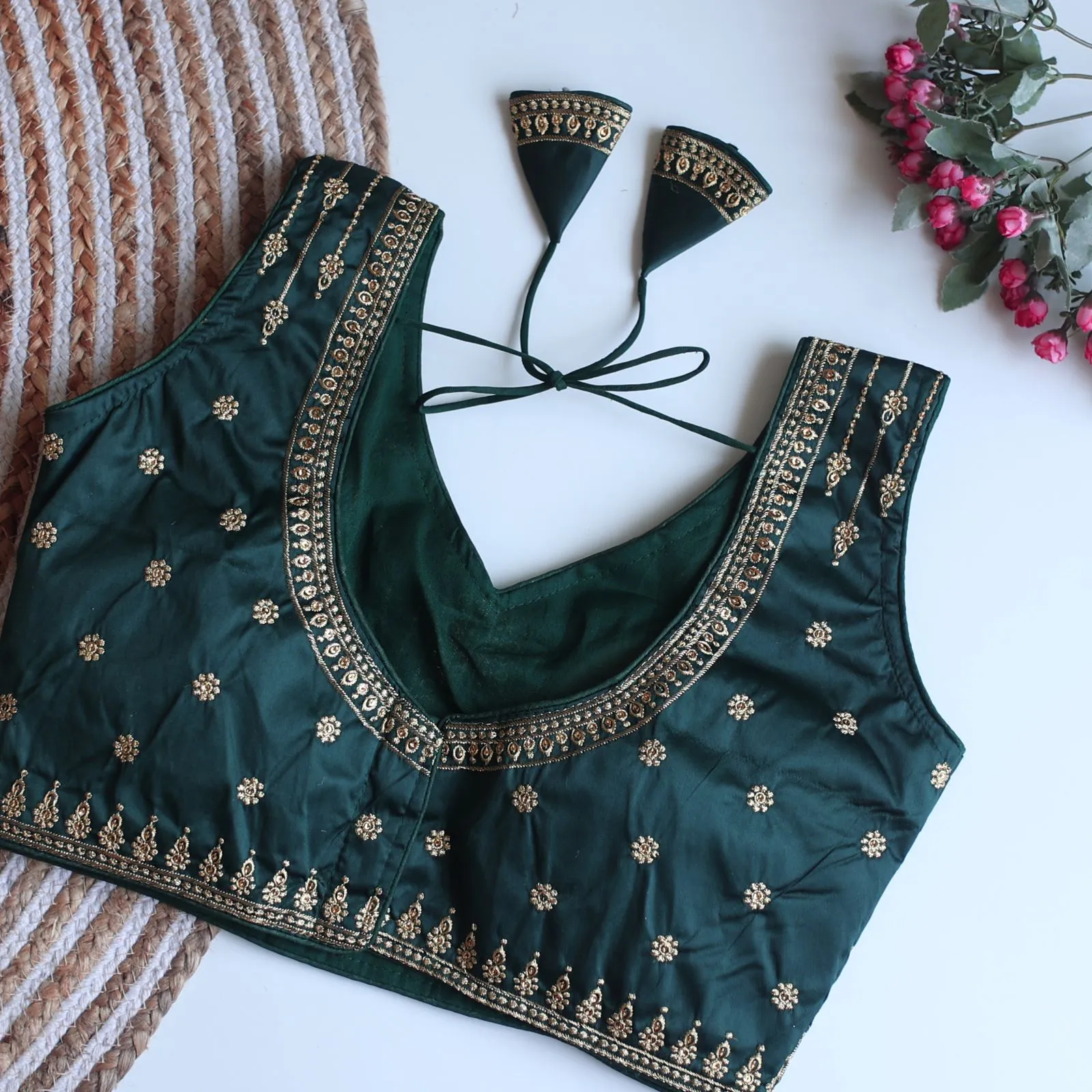 Teal Blue Full Embroidery Monsoon Silk Blouse with Golden Sequin Design