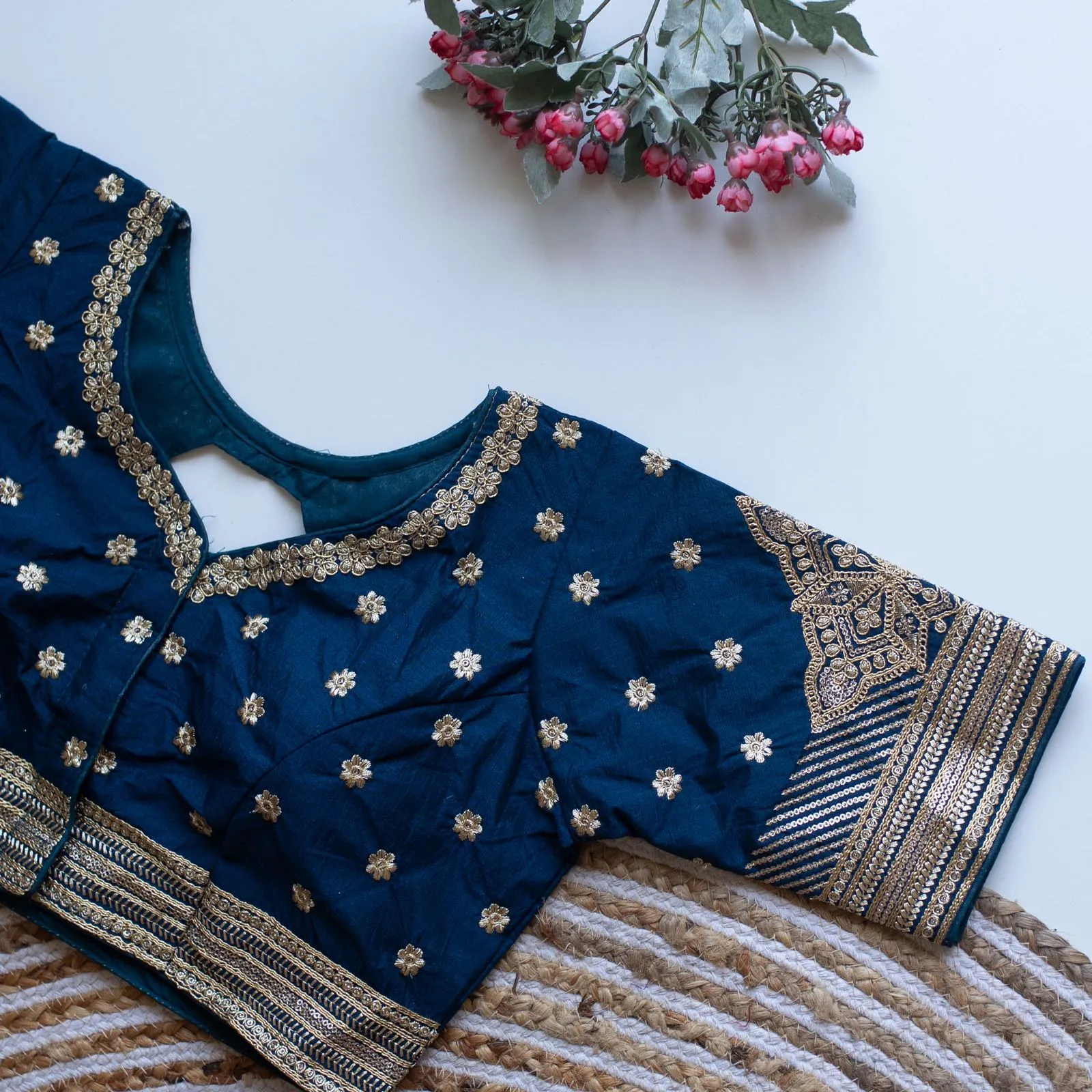 Teal Blue Golden Embroidered Blouse with Sequins – Caterpillar Silk Elegance