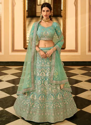 Teal Blue Golden Embroidered Organza Lehenga Choli