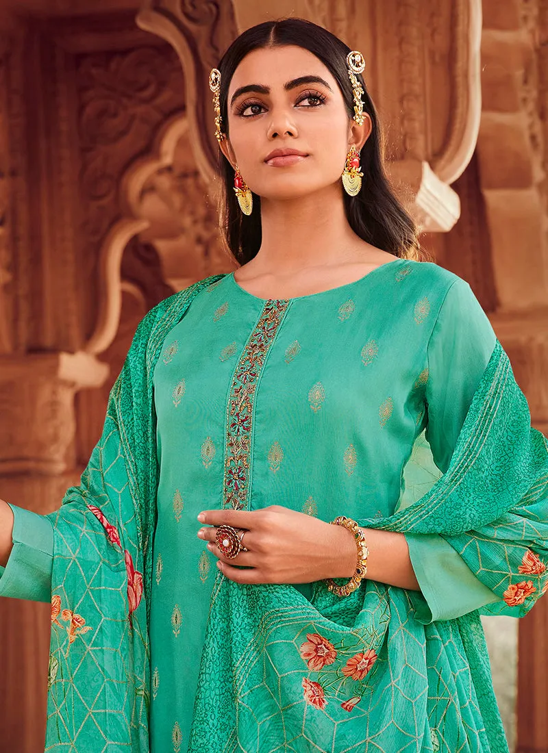 Teal Blue Handwork Embroidery Traditional Pant Style Suit