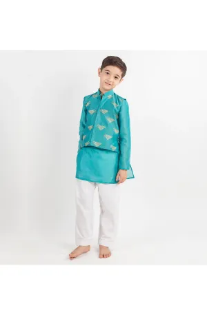 Teal Blue Kurta With Motif Embroidered Nehru Jacket And Pyjama