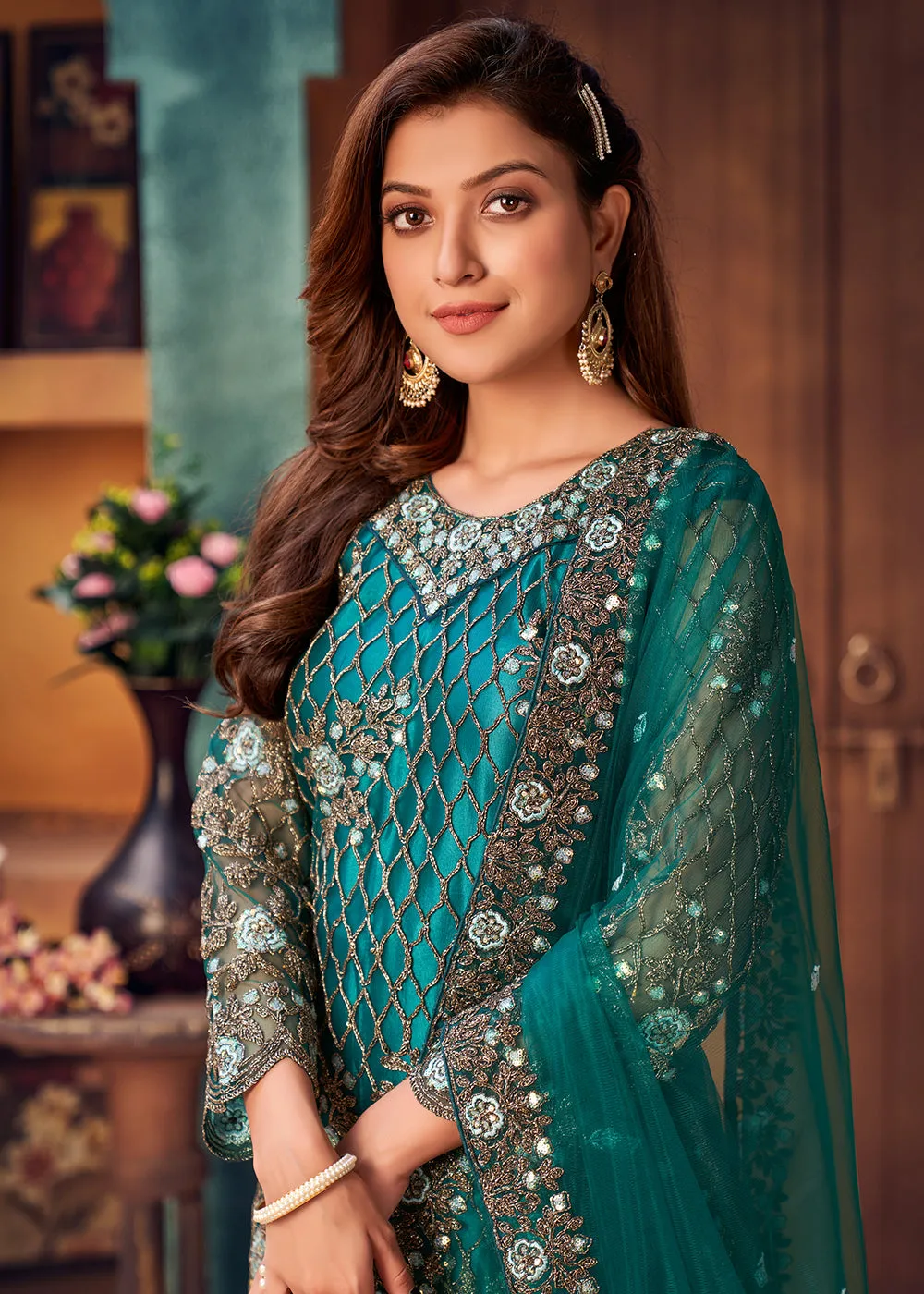 Teal Blue Layered Festive Pant Style Salwar Suit