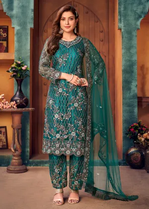 Teal Blue Layered Festive Pant Style Salwar Suit