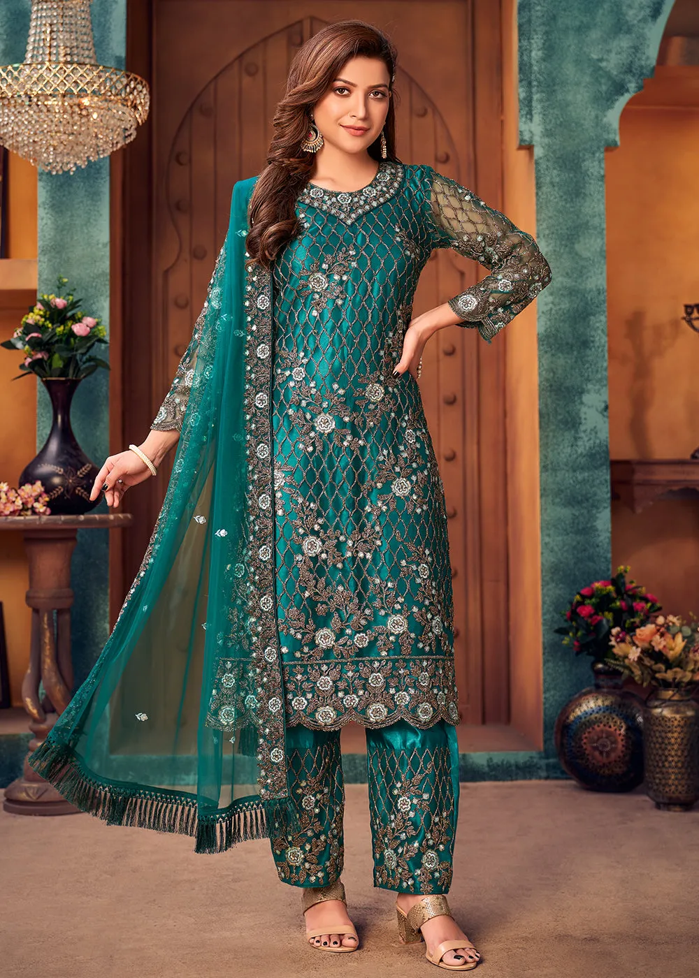 Teal Blue Layered Festive Pant Style Salwar Suit