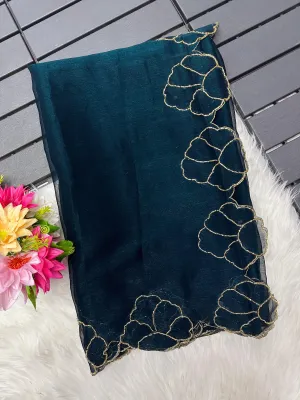 Teal Blue Lotus Jari Silk Saree with Exquisite Golden Handwork & Running Blouse