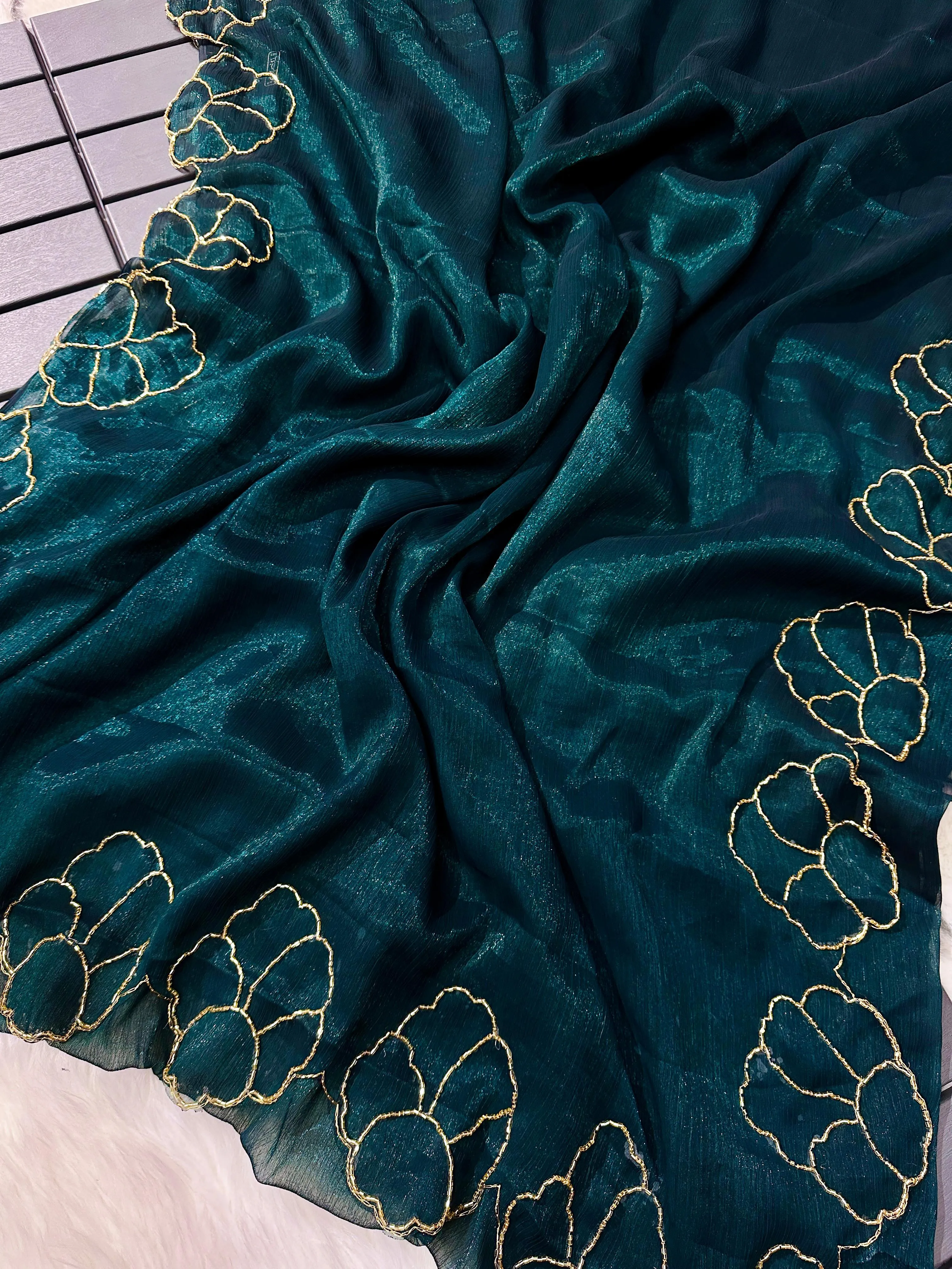 Teal Blue Lotus Jari Silk Saree with Exquisite Golden Handwork & Running Blouse