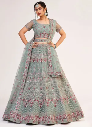 Teal Blue Mirror Embroidered Soft Net Wedding Lehenga Choli