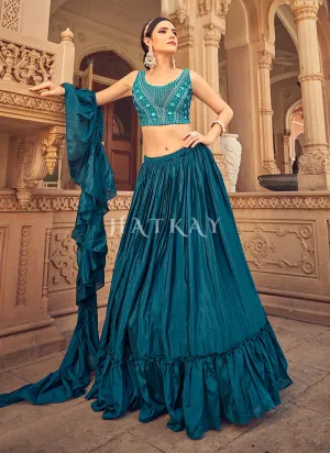 Teal Blue Mirror Work Embroidered Festive Lehenga Choli