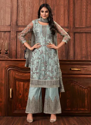 Teal Blue Multi Embroidered Designer Palazzo Suit