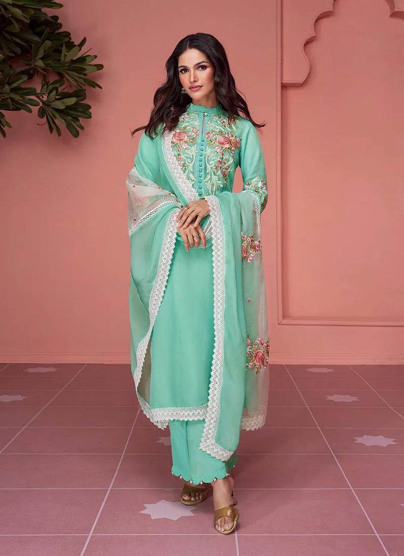 Teal Blue Multi Floral Embroidery Pakistani Pant Style Suit